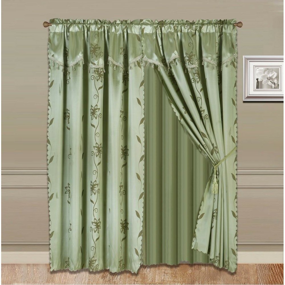 NADA SAGE GREEN COMPLETE WINDOW CURTAIN SET 2 panels faux silk LEAF