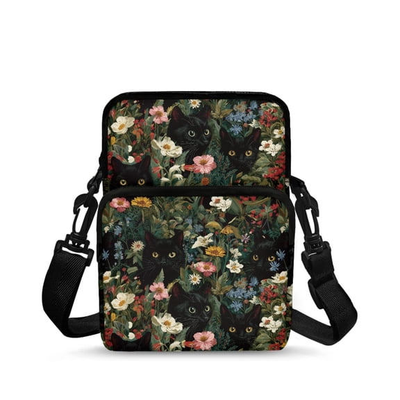 FUIALDOLG Black Cat Floral Crossbody Bag, Polyester Adjustable Lightweight Purse for Unisex Travel Running and Daily Use