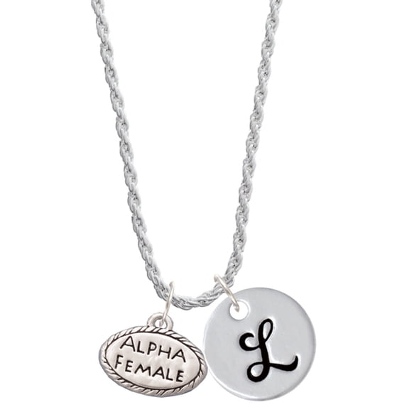 Delight Jewelry Silvertone Alpha Female Oval Silvertone Script Initial Disc - L - Charm Necklace, 20"+3"