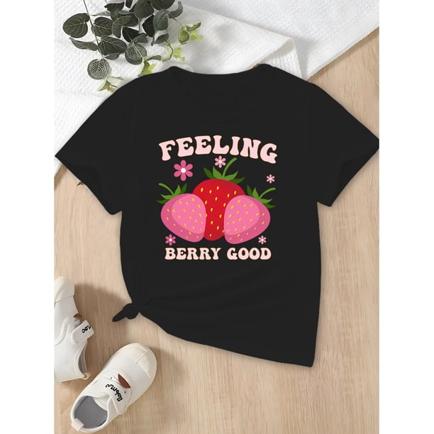 FEELING BERRY GOOD Strawberry Pattern Print, Girl's Casual Comfy Round Neck Short Sleeve T-shirt For Daily And Outdoor Wear