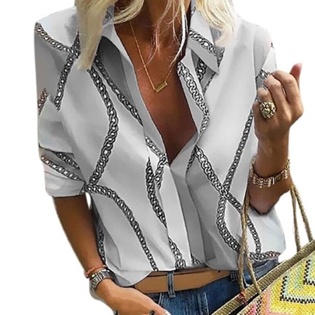 Guardurnaity Blusa Escote en V Camisa suelta Estampado Manga larga Blusa de trabajo Top de mujer Prendas para la parte del cuerpo Blanco 5XL Guardurnaity AP002016-08