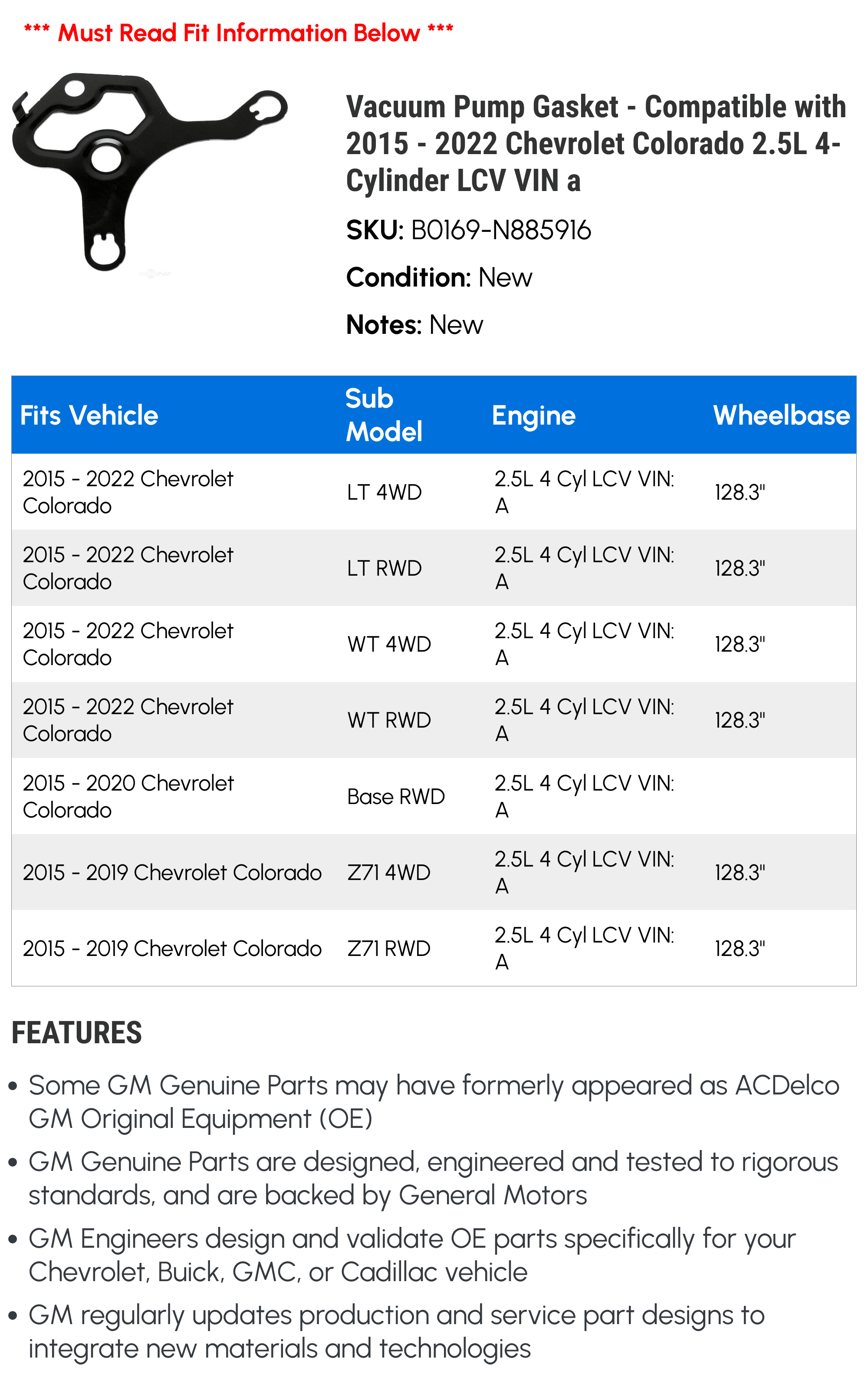 Vacuum Pump Gasket - Compatible with 2015 - 2022 Chevy Colorado 2.5L 4-Cylinder LCV VIN a 2016 2017 2018 2019 2020 2021
