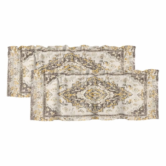 Beige Vintage Boho Curtain Valances for Windows, Kitchen Valance Window Treatments Panel 2 Pack, Ethnic Tribal Geometric Abstract Rod Pocket Short Curtains for Bathroom Bedroom 42 x 12 Inch