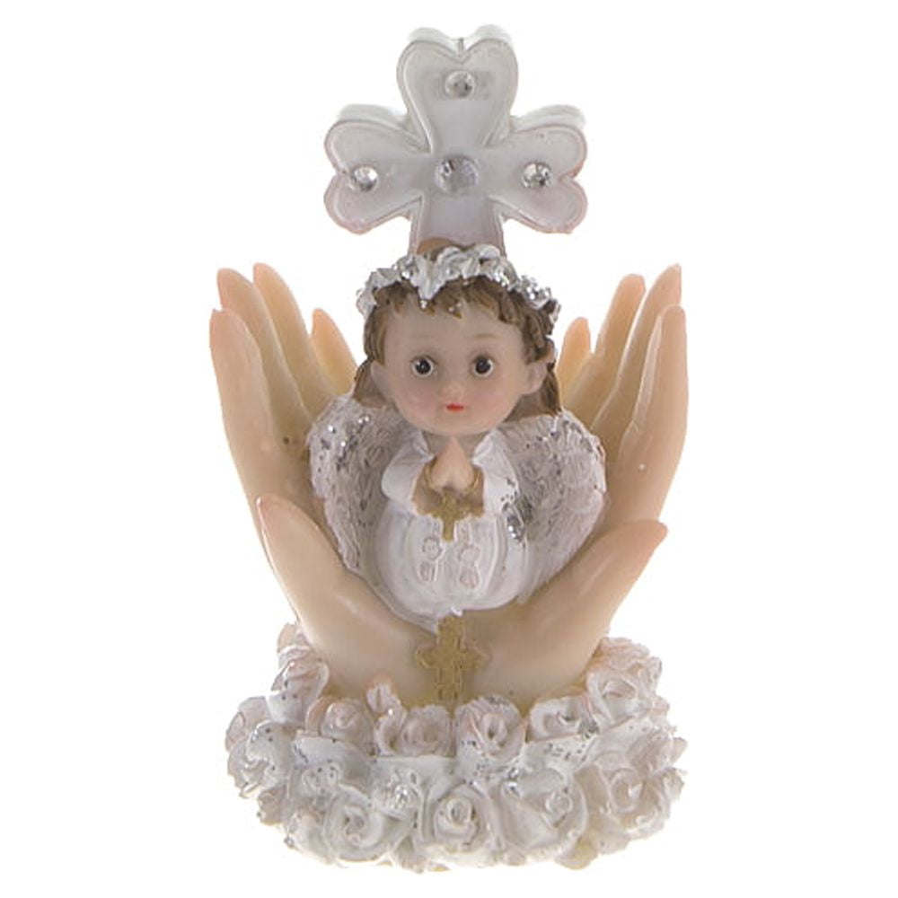 Mega Favors Keepsake Figurine 12 pcs Baby Girl White Angel Kneeling Praying On Palm With Cross | Awesome Decorations or Party Favors | for Baptism, First Communion, Religious and Special Celebrations
