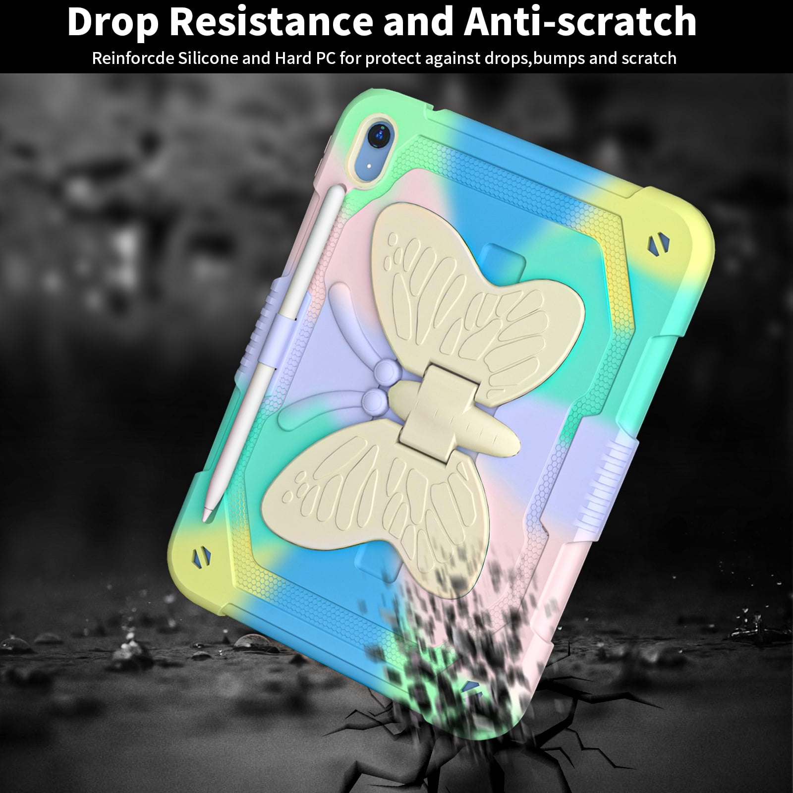 iPad 10th Generation 10.9 Inch 2022 Case with Kickstand Butterfly Wings Pencil Holder, TECH CIRCLE Heavy Duty Hard Rugged Protective Kids Girls Cover for iPad 10th Gen 10.9 Inch 2022,Colorful/Green