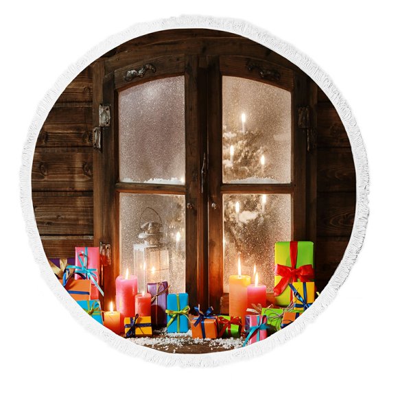 EREHome Christmas Presents Lighted Candles Window Pane Beach Towel Beach Blanket Beach Yoga Mat