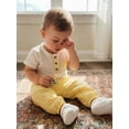 thumbnail image 4 of BemeyourBBs Newborn Baby Boy Girl Summer Clothes Cotton Linen Outfit Casual Button Crew Neck Short Sleeve Romper Plaid Pants 2 Pcs Set, 4 of 9