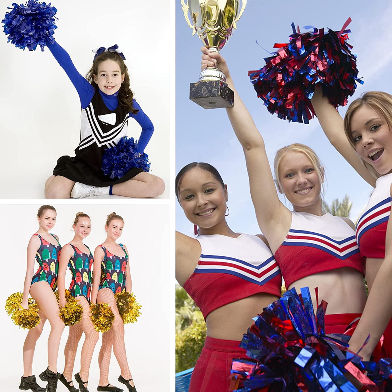 LINLIN 12Pcs Cheerleading Pom Poms for Kids, Metallic Foil & Plastic Ring Cheer Pom Poms Girls School Game, Dance, Matches, Team Spirit Sports, Stage Performance, Carnival Celebration