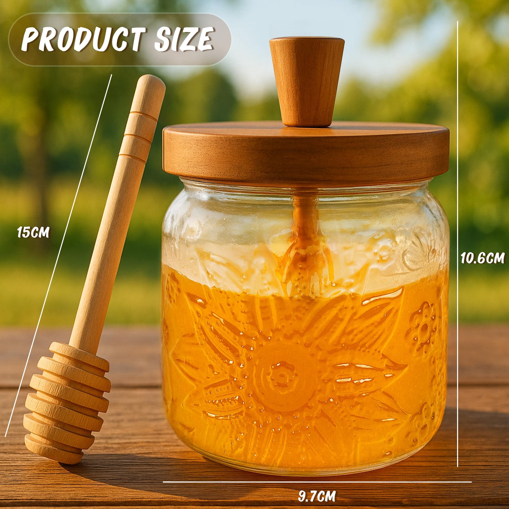 Honey Pot with Dipper and Lid - 18oz Glass Honey Jar with Wooden Honey Dippers Stick Set, Wide Mouth Honey Containers - Airtight Syrup Dispenser for Home Kitchen