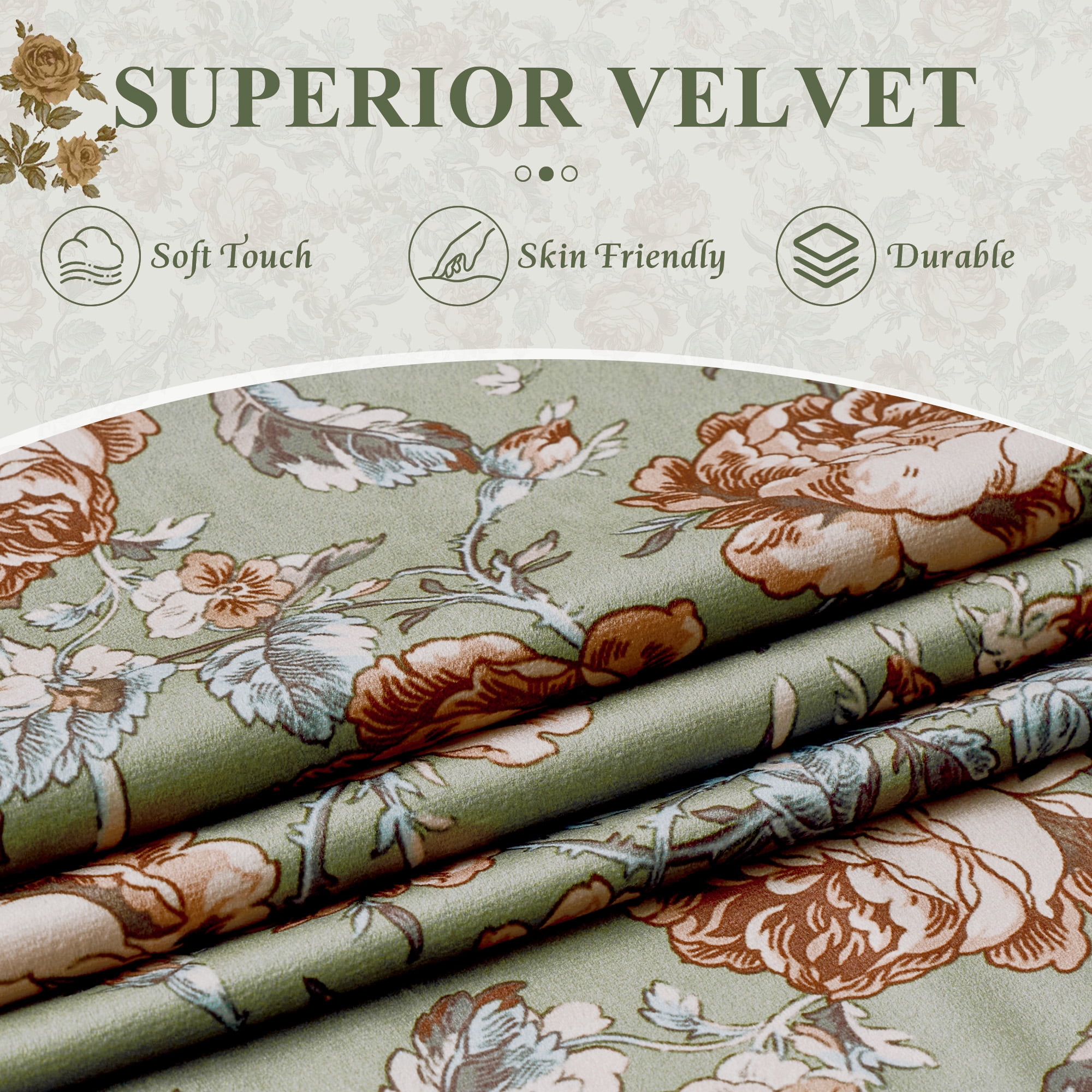 StangH Green Floral Curtains for Living Room, Soft Velvet Peony Print with Cottage Privacy Window Drapes for Living Room, Sage Green, W52 x L84, 2 Panels