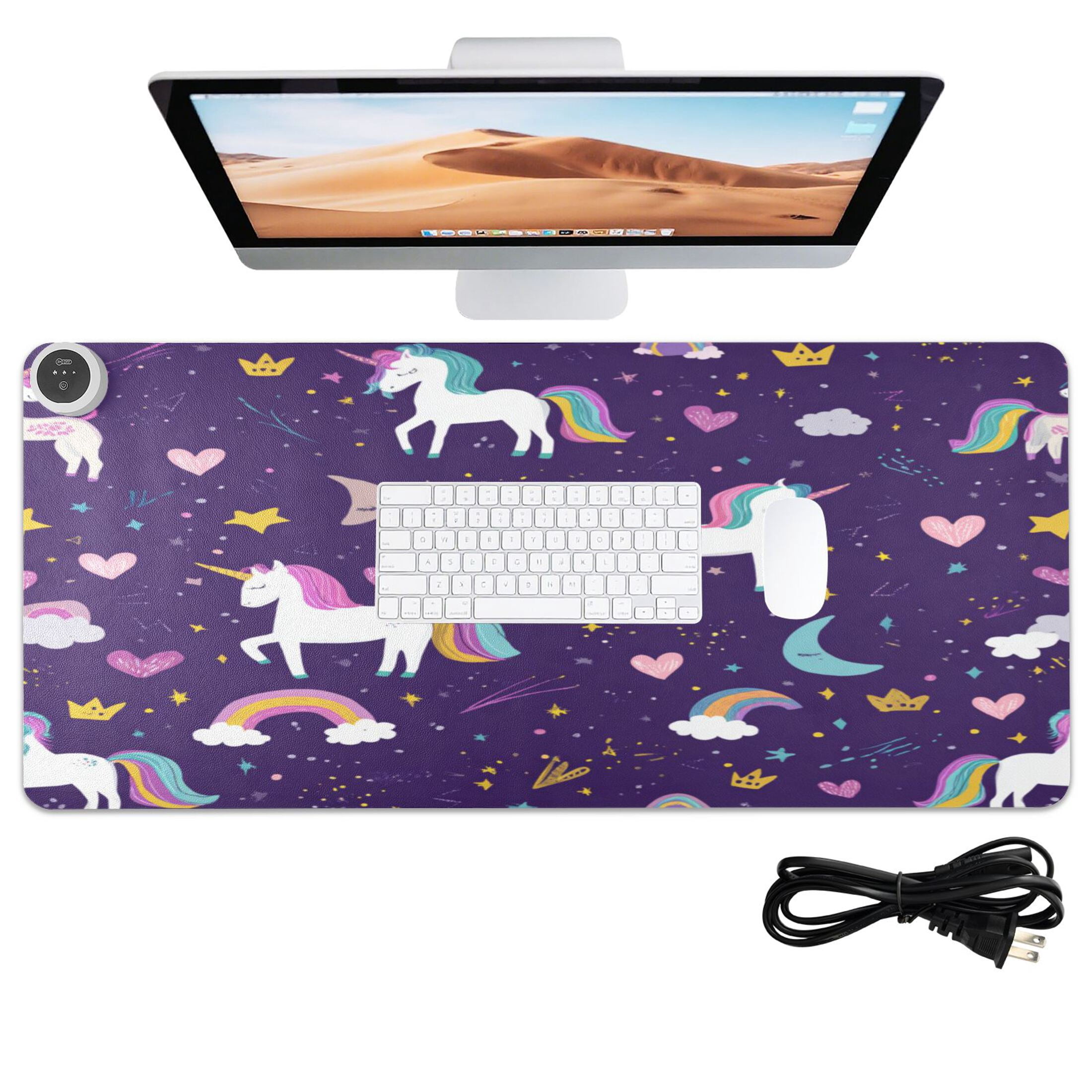 Large Heated Desk Mat Mouse Pad 31.5"x13"PU Leather Graphene Heating Desk Warmer with 3 Temperature Settings 110V US Plug Non-Slip Warm Pad for Home, Office, and Gaming Dark Purple Unicorn Print