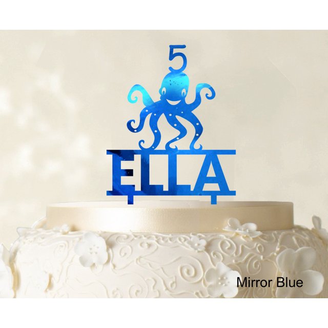 Birthday Custom Name Cake Topper With Octopus Figure Mirror Blue Cake Topper Cake Decorations Color Option Available 6-7 Inches Wide