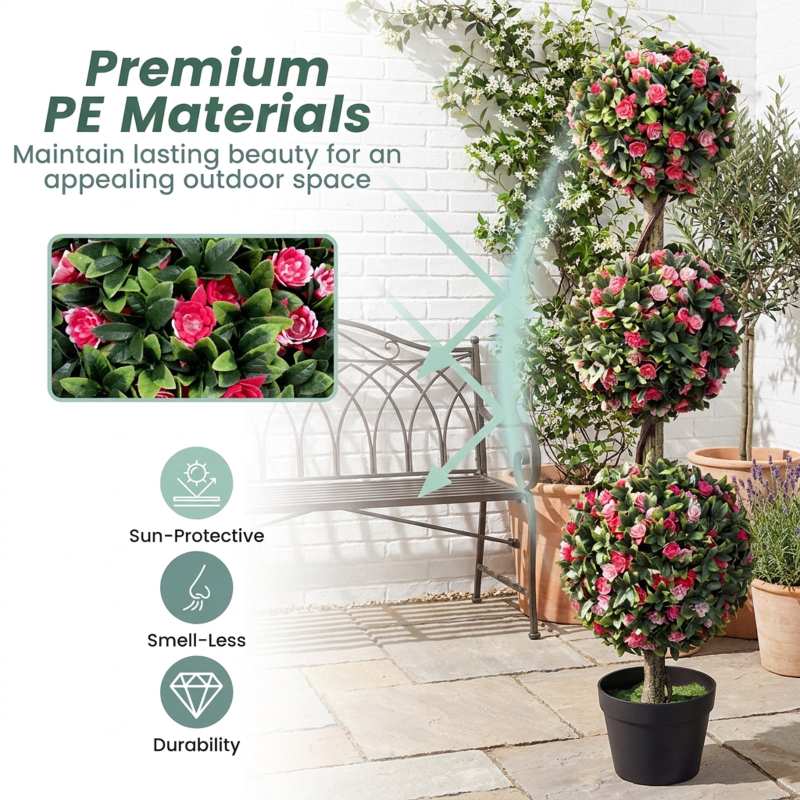 Vebreda Artificial Plant Decor, 43.5" Artificial Triple Ball Rose Topiary Tree with Lifelike Blooms and Green Leaves, Multi-Scenario Applications