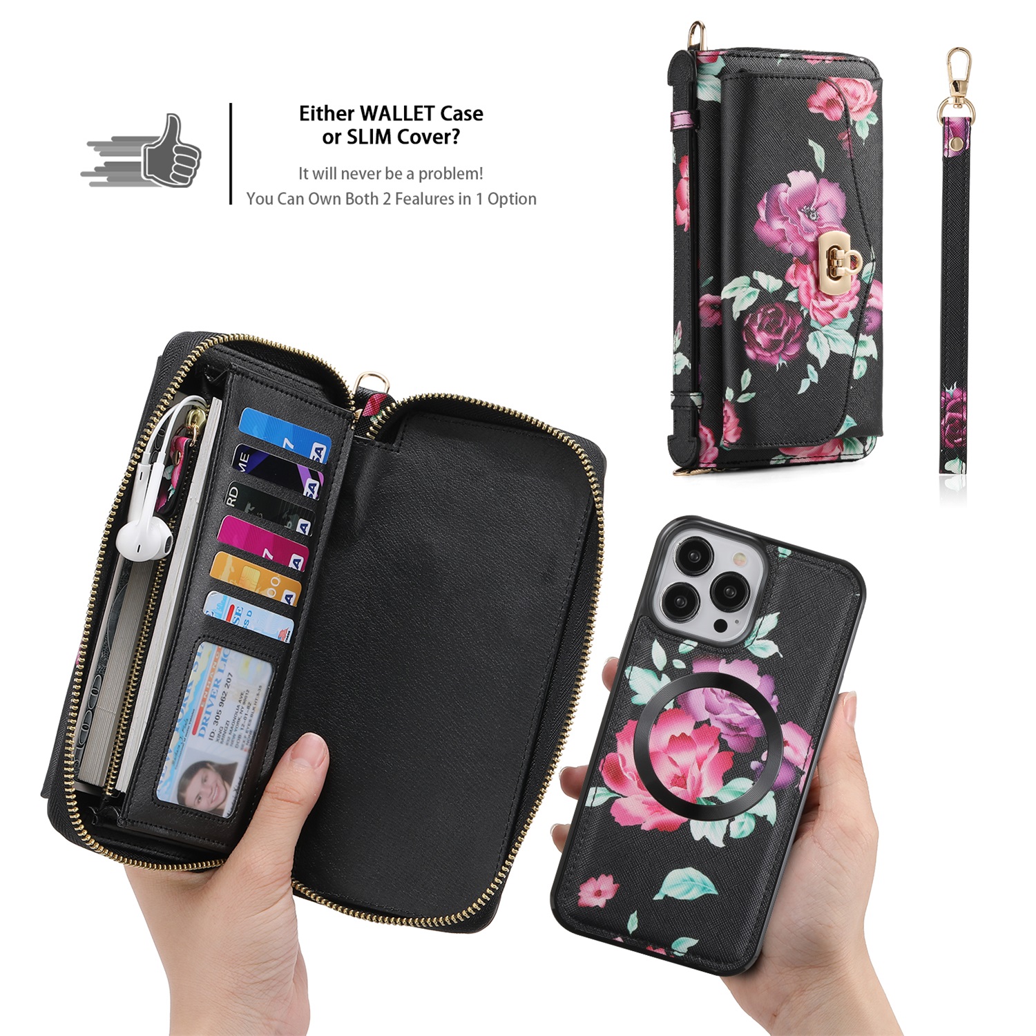 SaniMore Magnetic Detachable Wallet Case for iPhone 13 Pro Max, Flower Pattern RFID Blocking Cover Support Wireless Charging Card Slot Shoulder & Wrist Strap 360° Full Protective Shell, Black