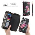 thumbnail image 3 of ELEHOLD Multi-Functional Wallet Case for iPhone 13 Pro Max 6.7", Large Capacity 14 Card Slots Magnetic Detachable Phone Case with Wristband Shoulder Strap Luxury Flower Purse Case, Black, 3 of 11