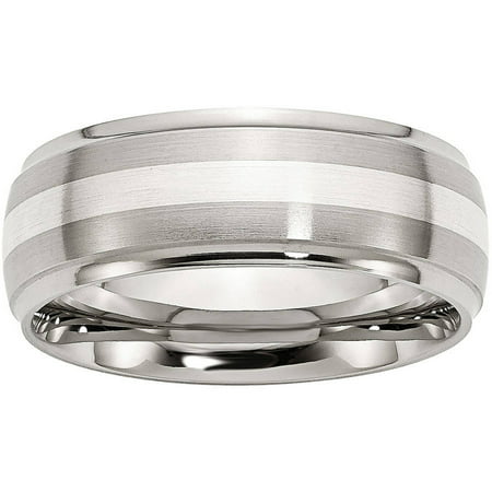 Primal Steel Stainless Steel Sterling Silver Inlay Ridged Edge Brushed and Polished Band, Available in Multiple Sizes