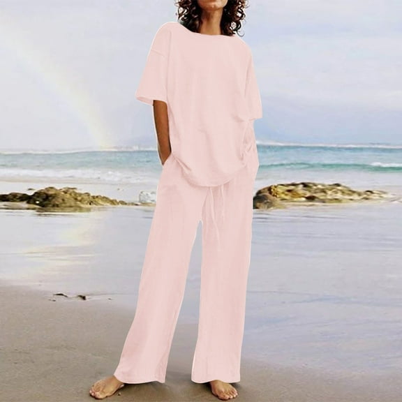 Abomasnow Women's 2 Piece Outfits Sweatsuit Summer Casual Short Sleeve Pullover Tops and Drawstring Wide Leg Pants Lounge Sets Loose Beach Tracksuit