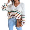 thumbnail image 1 of Prendas de punto a rayas Arco iris Casual Manga de linterna suelta Cuello en V Suéter de punto Top de mujer Blanco M, 1 of 8