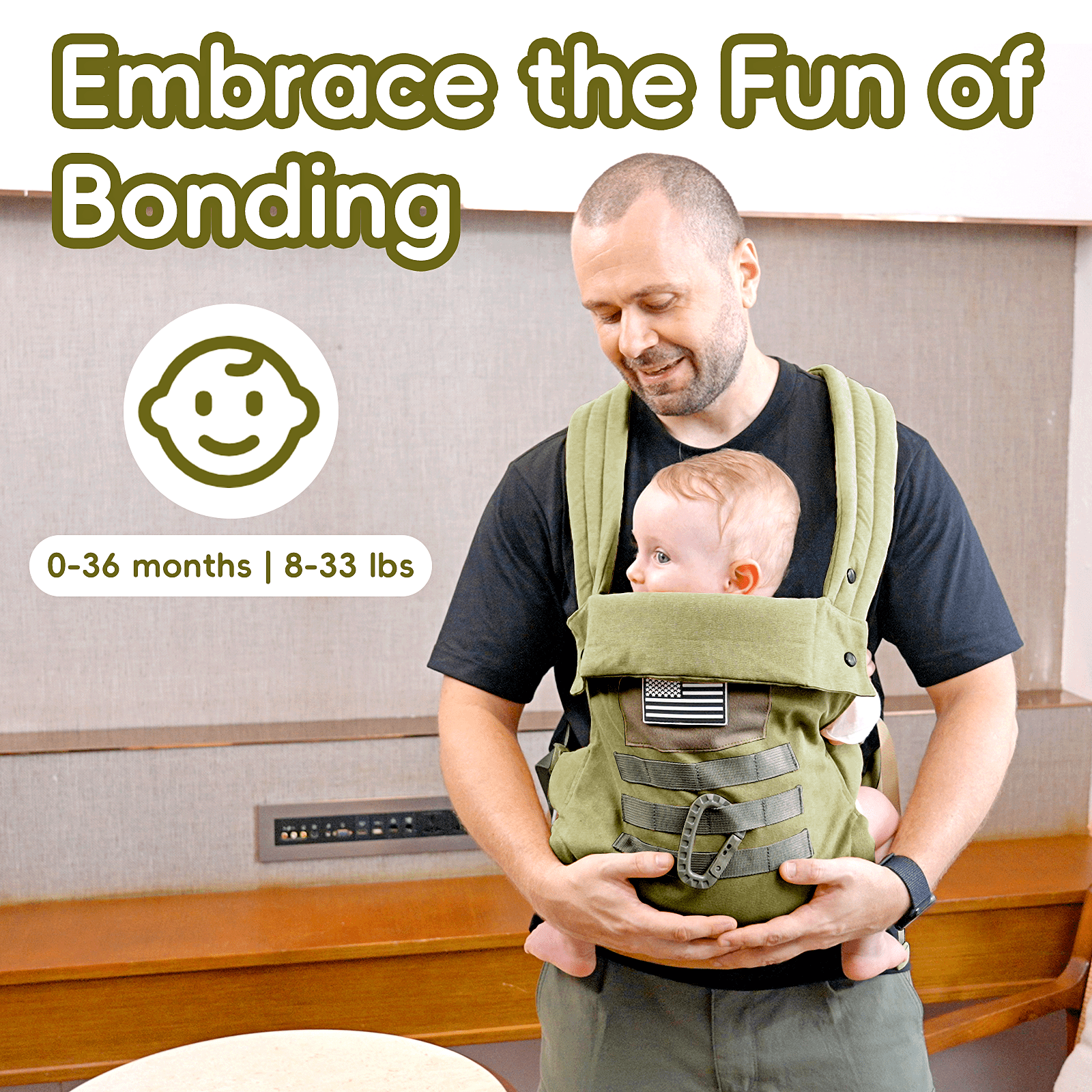 Baby Carrier, Lumbar Support Infant Carrier (0-36M, 8-33 lbs) with Foldable Headrest Carabiners for Big and Tall Parents, Men, Women (Green)