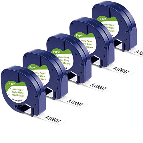 Aonomi Compatible Label Tape Replacement for DYMO Letratag Refills 91330 10697 Self-Adhesive Paper LT Tape for DYMO LetraTag Plus LT-100T LT-100H QX50 Label Maker, 1/2 Inch x 13 Feet (5 Pack)