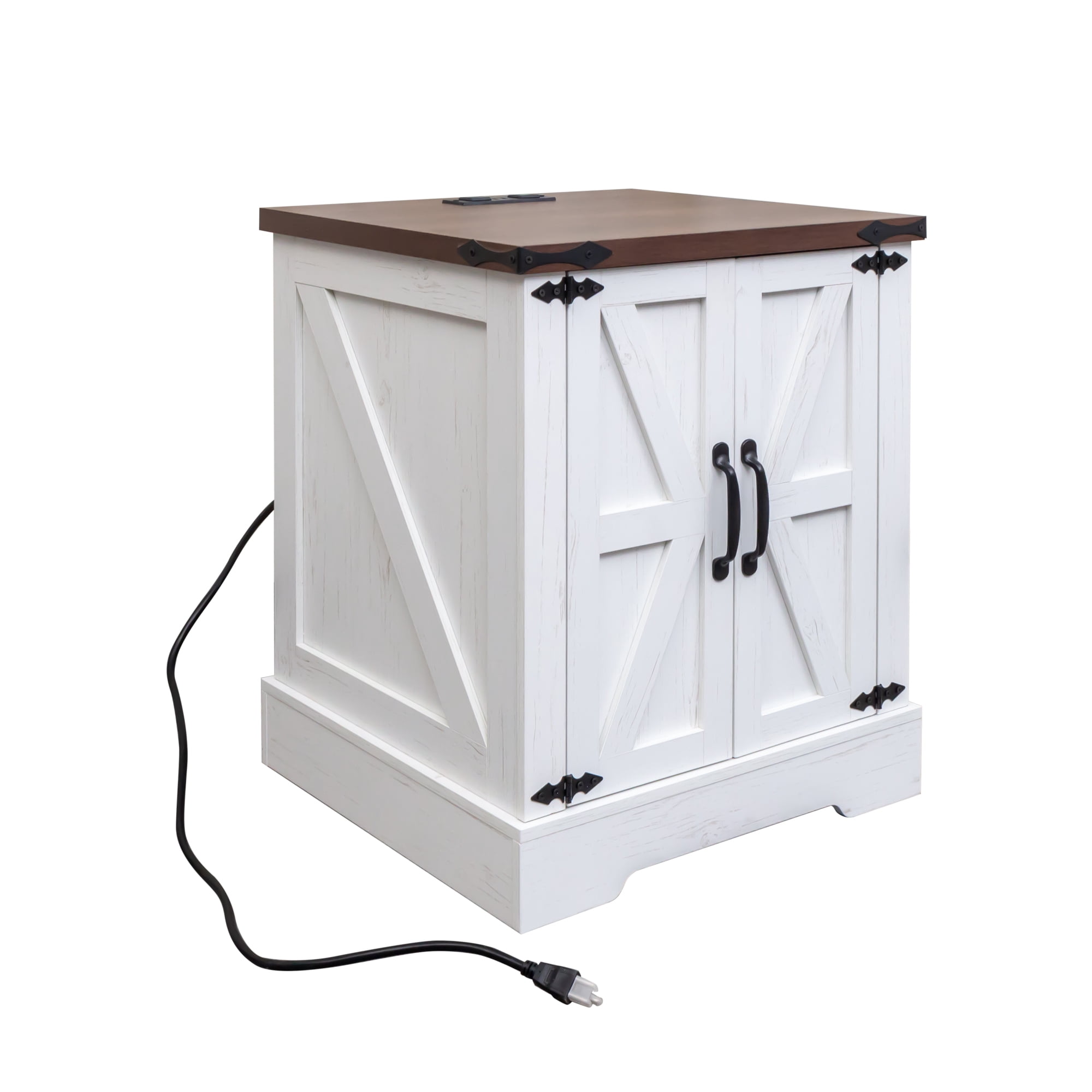Euroco Table with Charging Station, Rustic Wood Nightstand with Adjustable Shelf