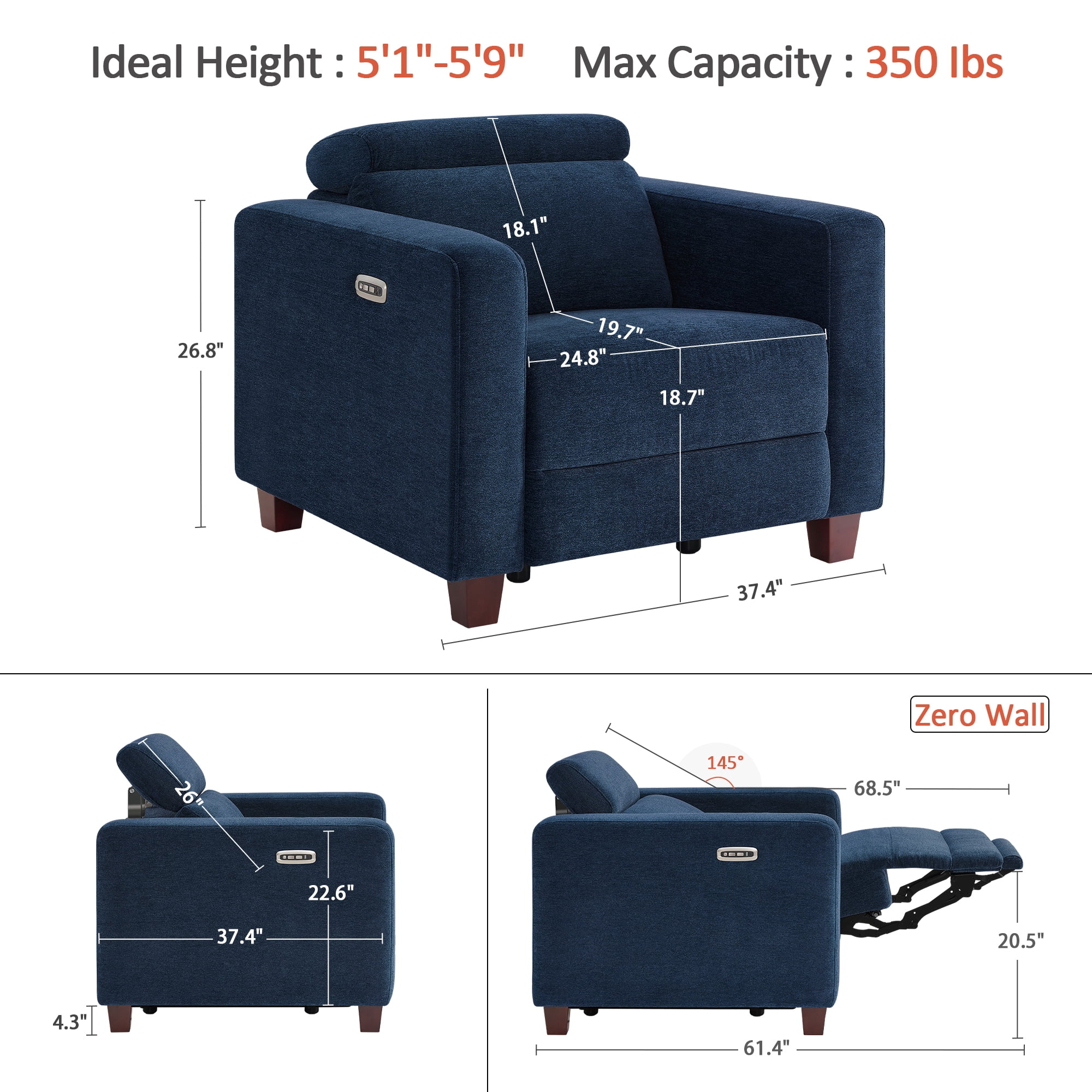 MCombo High Leg Power Recliner Chair with Adjustable Headrest and USB A/C Charge Ports for Living Room, Office, and Small Spaces (Fabric HL128, Navy Blue)