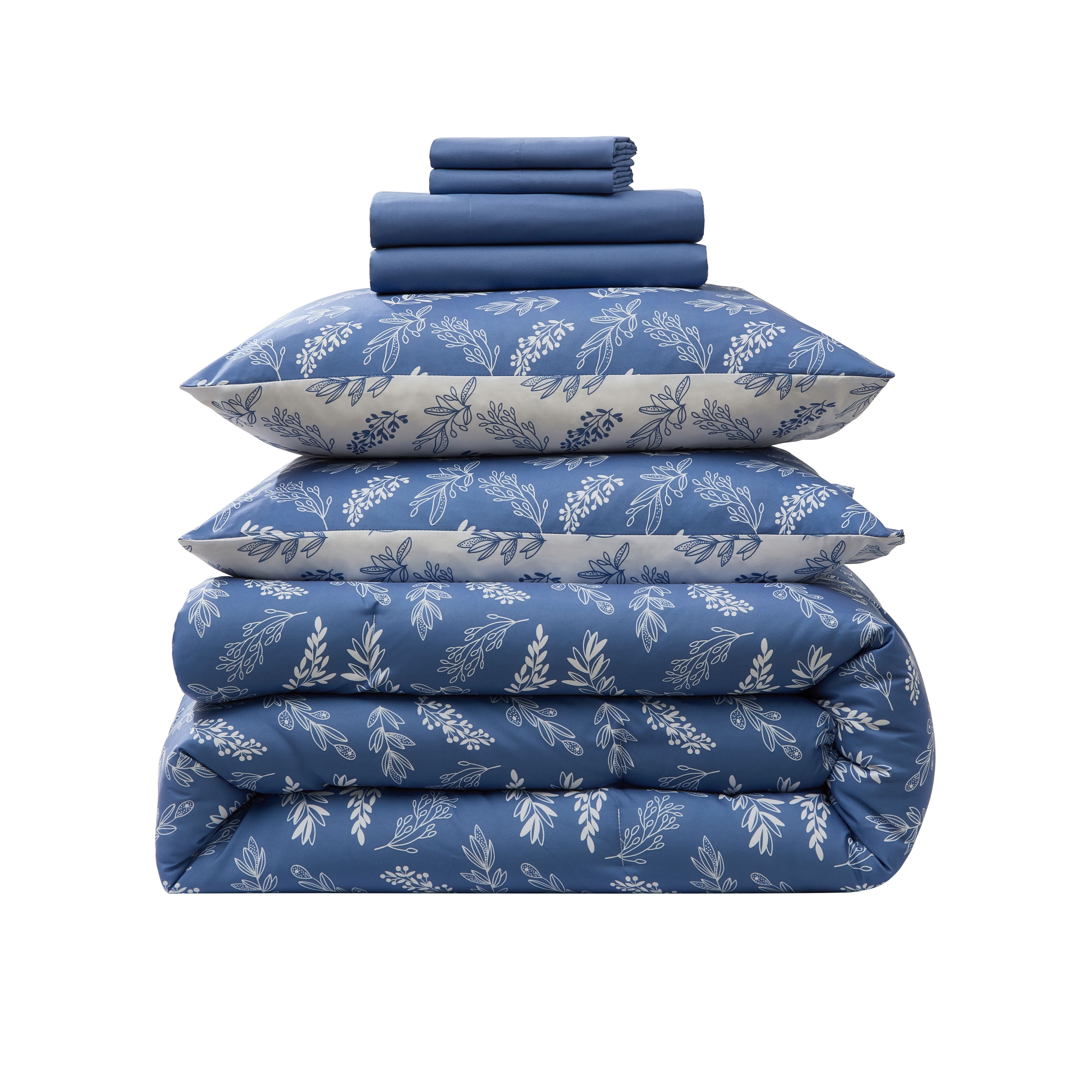 LammaLoe King Size Comforter Set, 7 Piece Botanical Bed in a Bag , Reversible Bedding Comforter Set with Sheets, Modern Bed Set, StateBlue/Cloud Stone