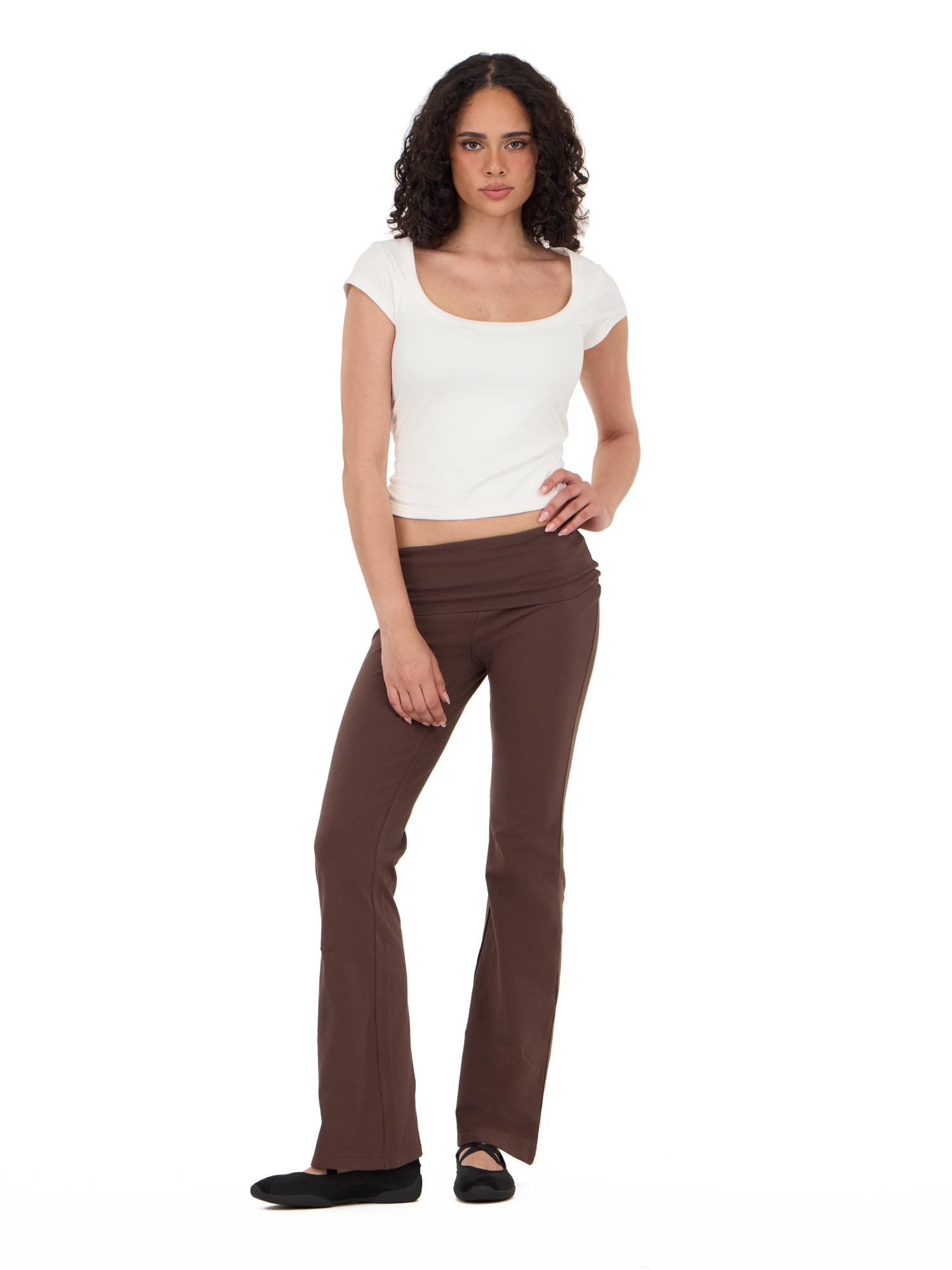 Forever 21 Women's Jersey Fold Over Waist Pants with Graphic Detail, Flare Leg Lounge Pants, Stretch Casual Everyday Comfort Style, Brown, XXS-4X