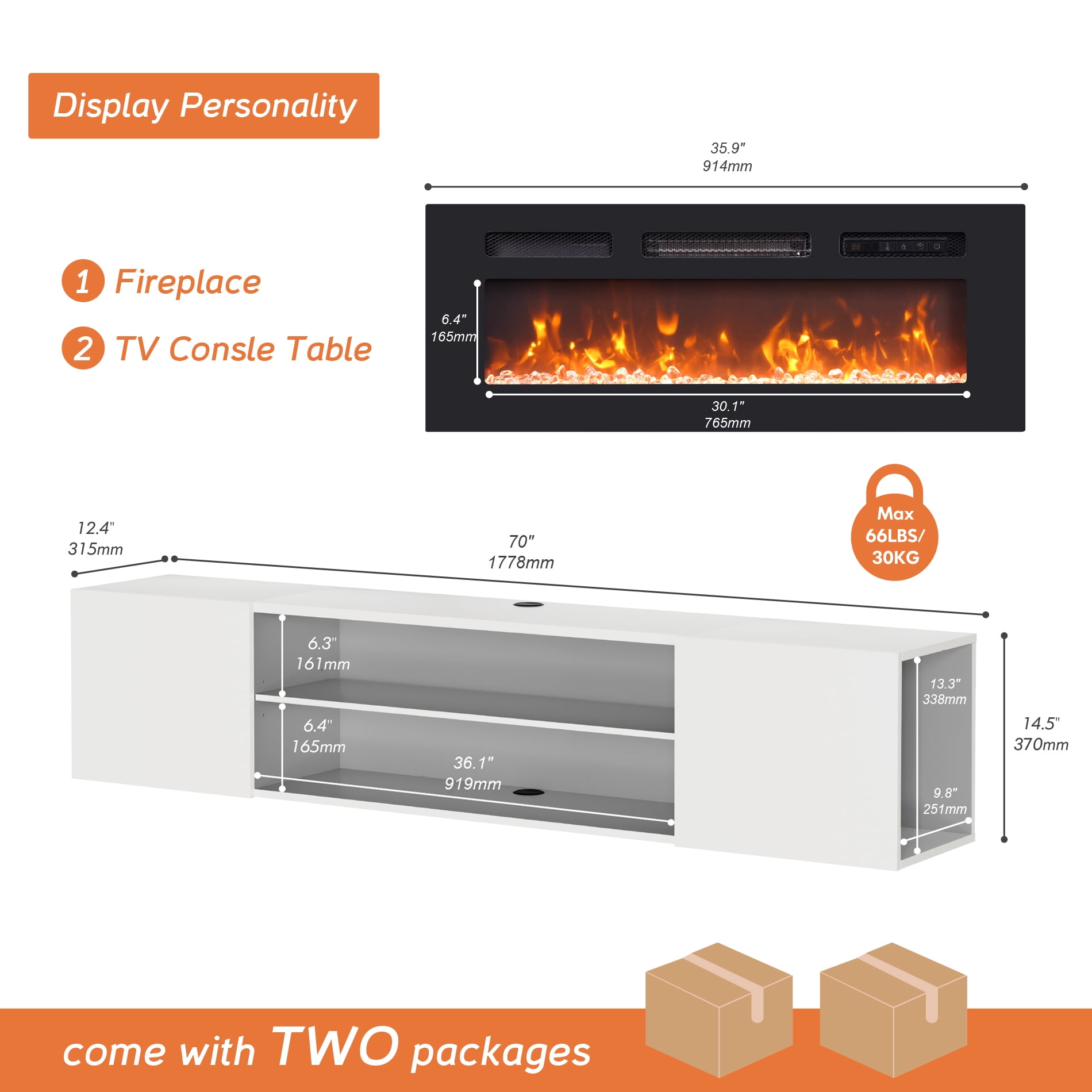 Fireplace Floating TV Stand with Side Storage and Blue Light for TVs up to 80inch