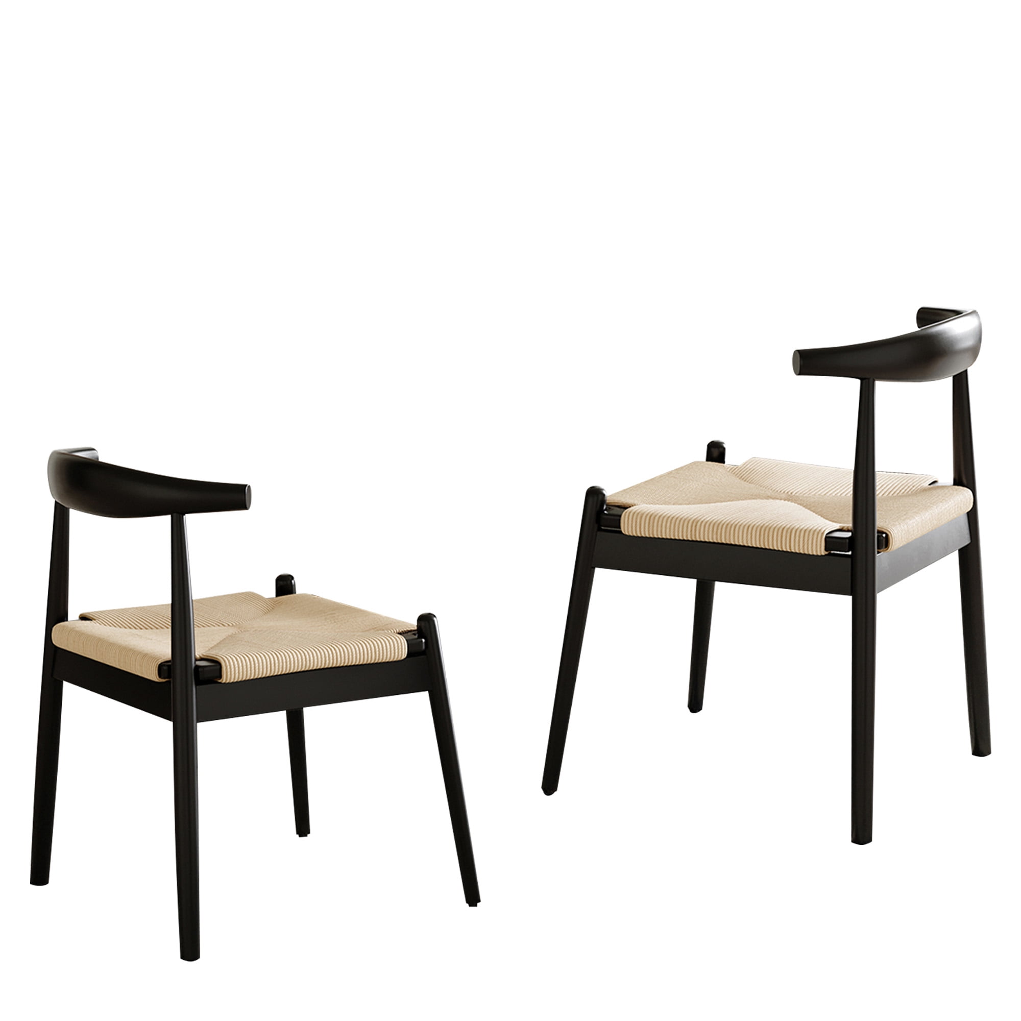 MAYEERTY Set of 2 Modern Dining Chairs, Solid Wood Legs & Woven Rope for Dining Room, Black-beige