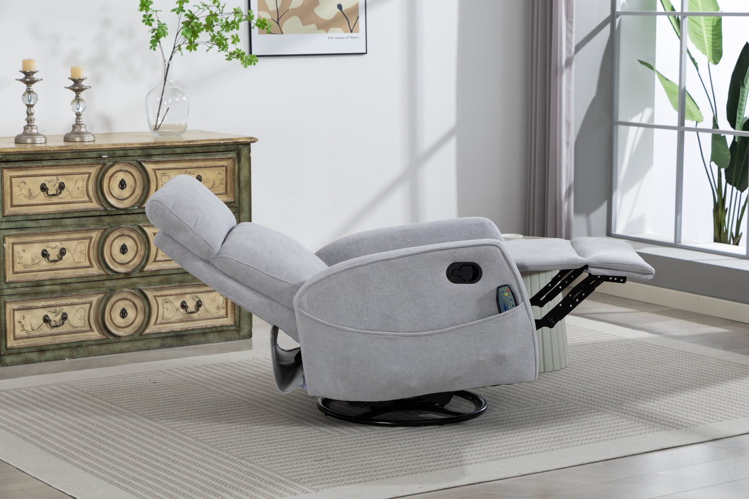 Leumius Glider Recliner Rocking Chair,360°Swivel Glider Rocking Chair,Upholstered Manual Recliner Chair for Nursery and Living Room,Grey
