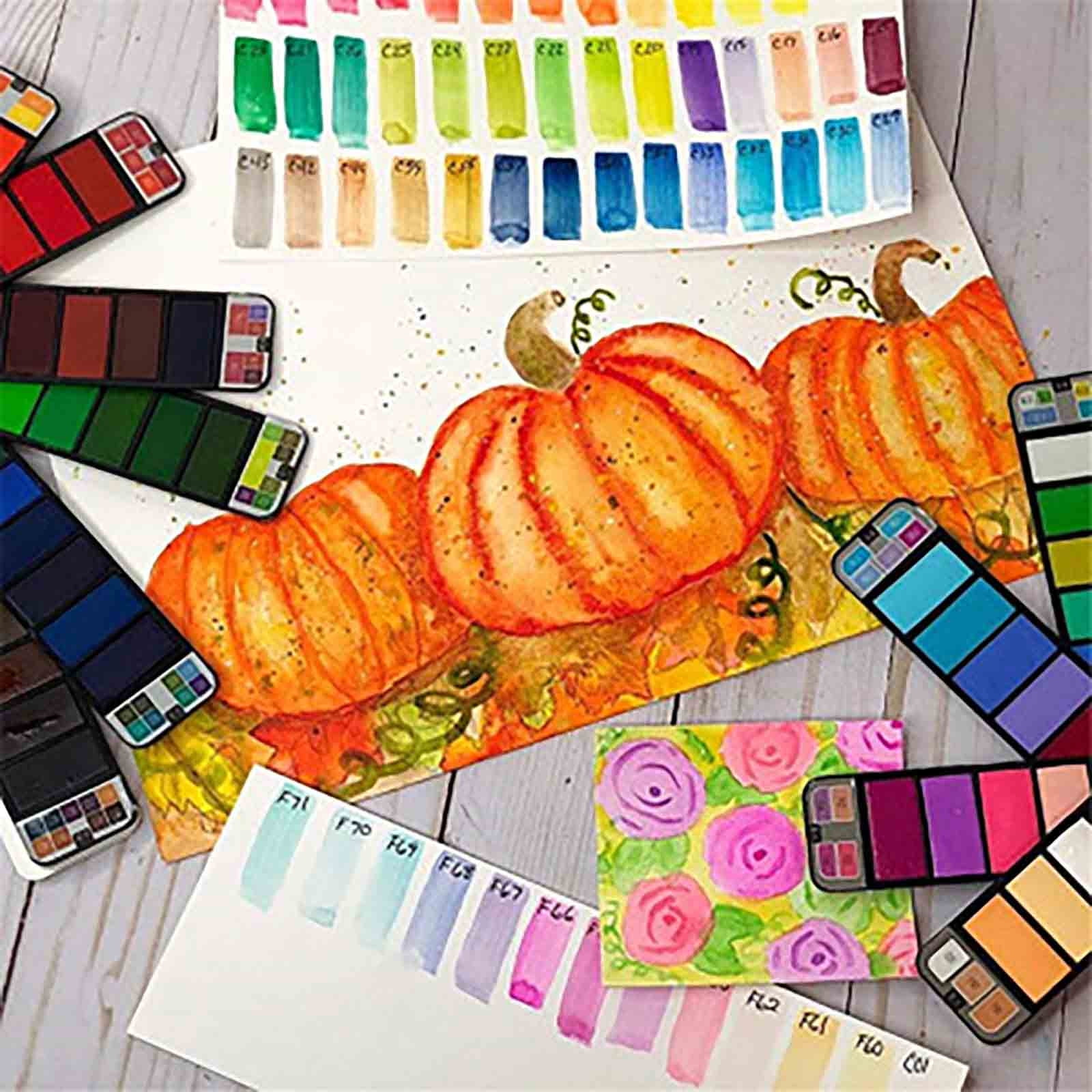 weibbin Art Studio Favorite: Folding Fan Shaped Solid Watercolor Pigment Set with Brush for Portable Painting, 18 Colors, One Size