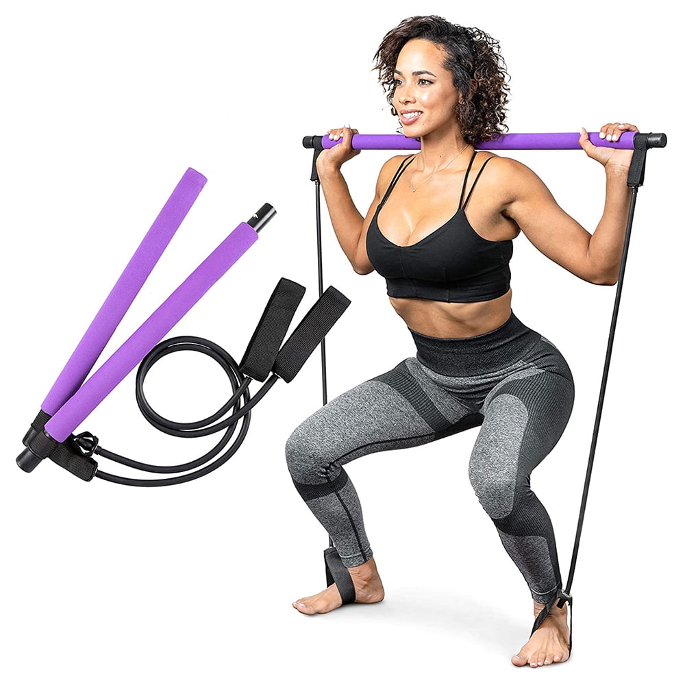 Pilates Bar with Resistance Band,Portable Resistance Band and Toning Bar Yoga Pilates Equipment Exercise Stick，Purple