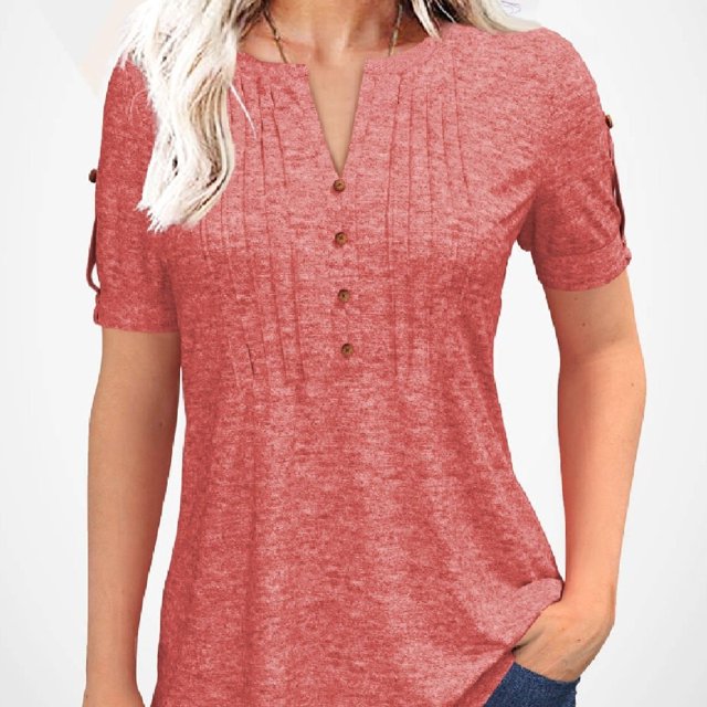 Camiseta Casual De Cuello Redondo Para Mujer, Camiseta Holgada De Verano Con Mangas Cortas, Botones, Plisado, Color Liso Y A La Moda.