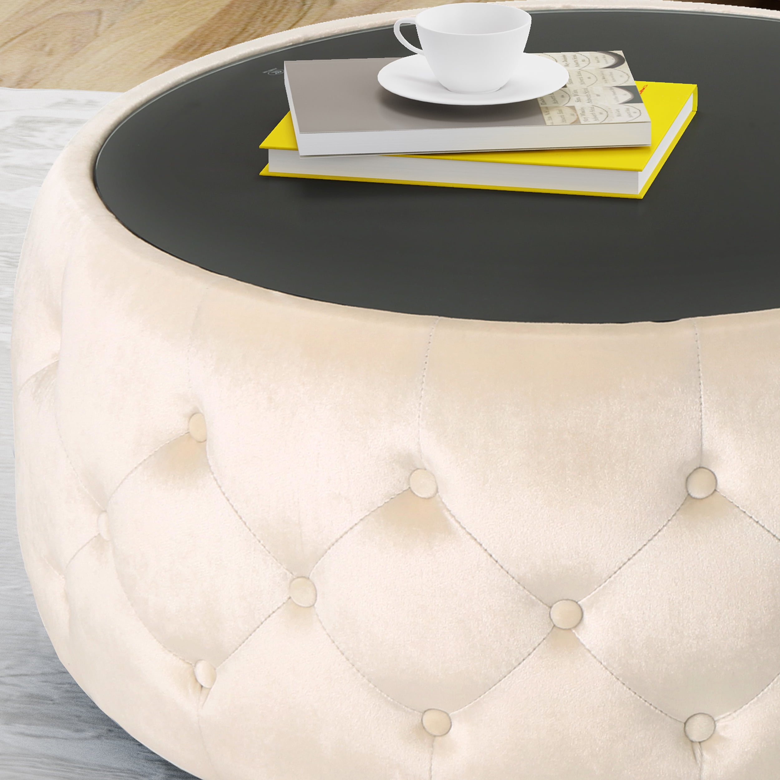 Ivy glam velvet and 2024 tempered glass coffee table ottoman