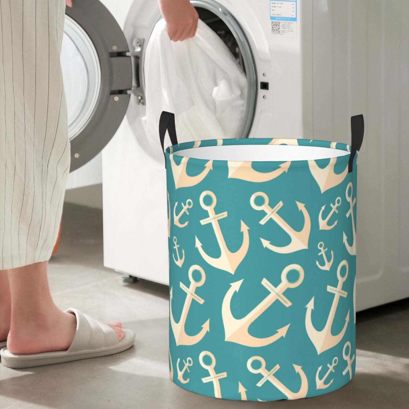 Large Laundry Basket with Handles - Anchor blue print aesthetic Kids Baby Dirty Clothes Laundry Hamper for Bedroom Aesthetic