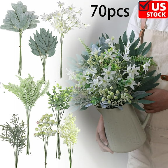 70 Pcs Artificial Greenery Stems, Realistic Fake Eucalyptus Branches Plants for Vase Decor, Wedding Centerpieces, Farmhouse Home Party Decor, Bendable Stems & No Fade