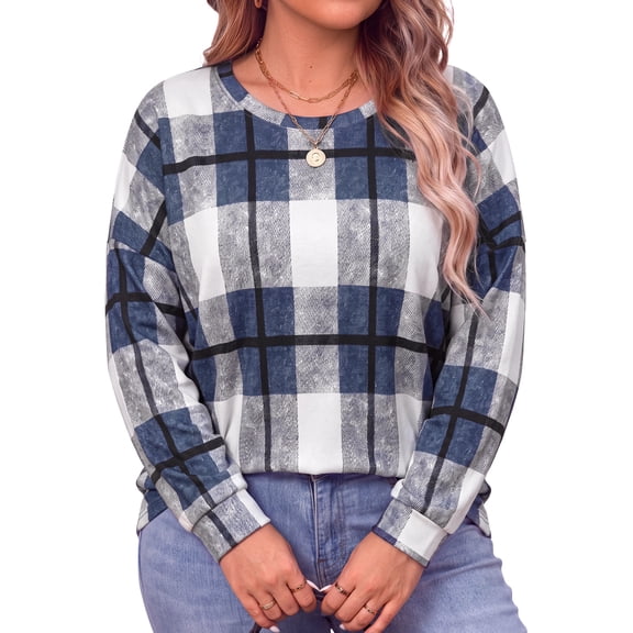 WellSize Plus Size Sweatshirts for Women Plaid Crewneck Long Sleeve Shirts Casual Fall Tunic Tops Lightweight Pullover Sweatshirts