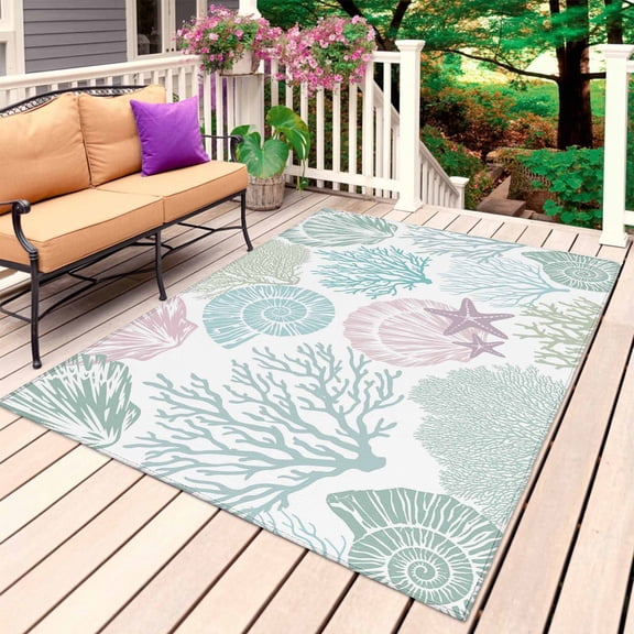 Ocean Coastal Outdoor Rug for Patio/Deck/Porch, Non-Slip Large Area Rug 5 x 7 Ft, Sage Green Turquoise Coral Shell Starfish Indoor Outdoor Rugs Washable Area Rugs, Camping Rug Carpet Runner