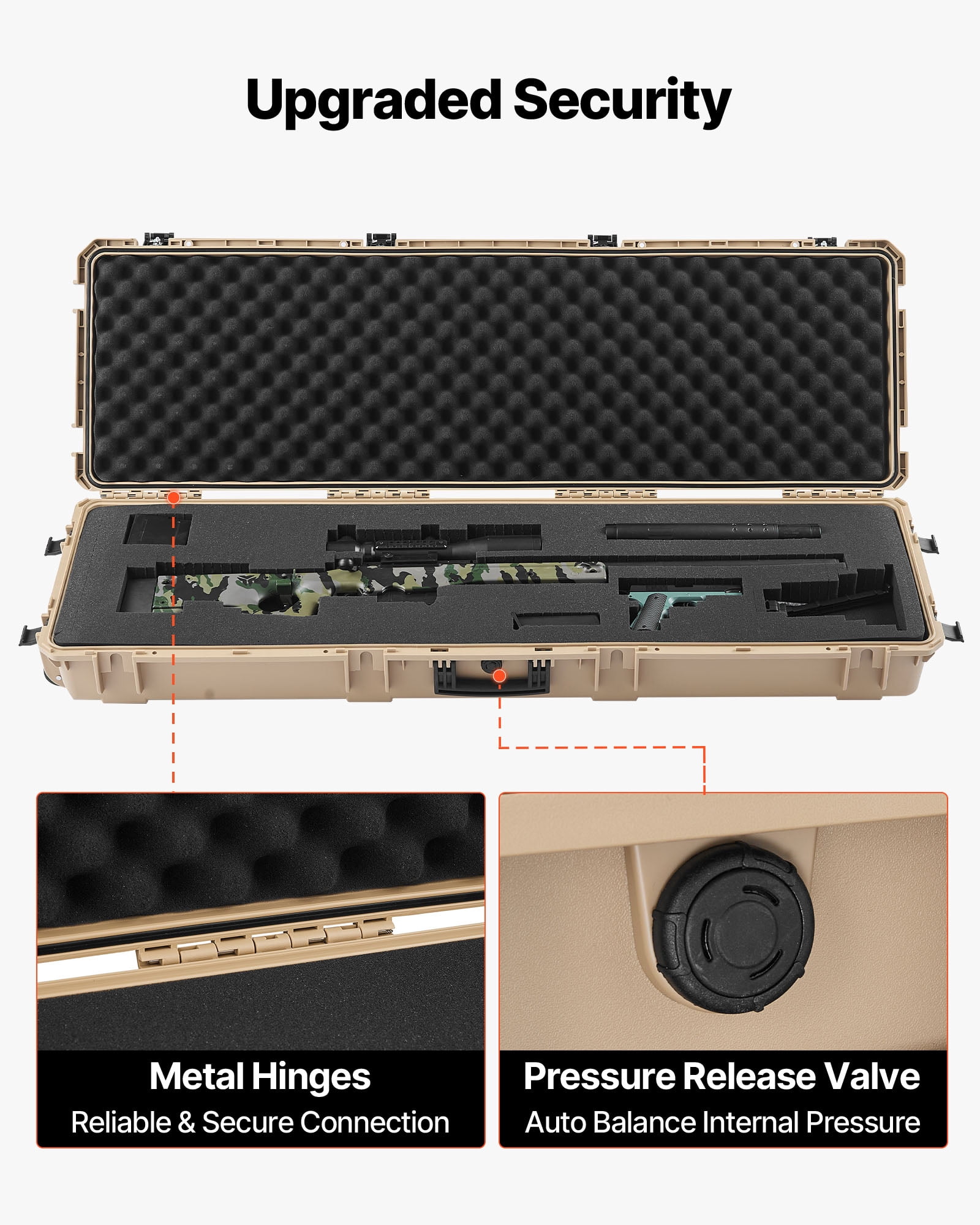VEVOR Hard Rifle Case, Lockable Rifle Case with Pre-cut Foams, 52 in Gun Storage with Wheels, Heavy Duty IP67 Waterproof & Dustproof Pistol Storage Cases for Rifles, Shotguns, Airsoft Guns, Khaki