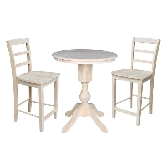 30" Round Pedestal Counter Height Table with 2 Madrid Stools - Unfinished - 3 Piece Set