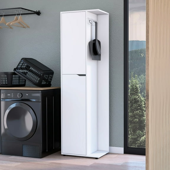 Spacious White Cabinet With Broom And Mop Storage Space Modern For An Ordered Living