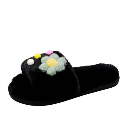 

BELLZELY Womens Shoes Sandals Clearance Autumn and Winter Woolen Shoes Women s Flip Flops Wear Flat Bottom Flower Plush Slippers Outside Home Women