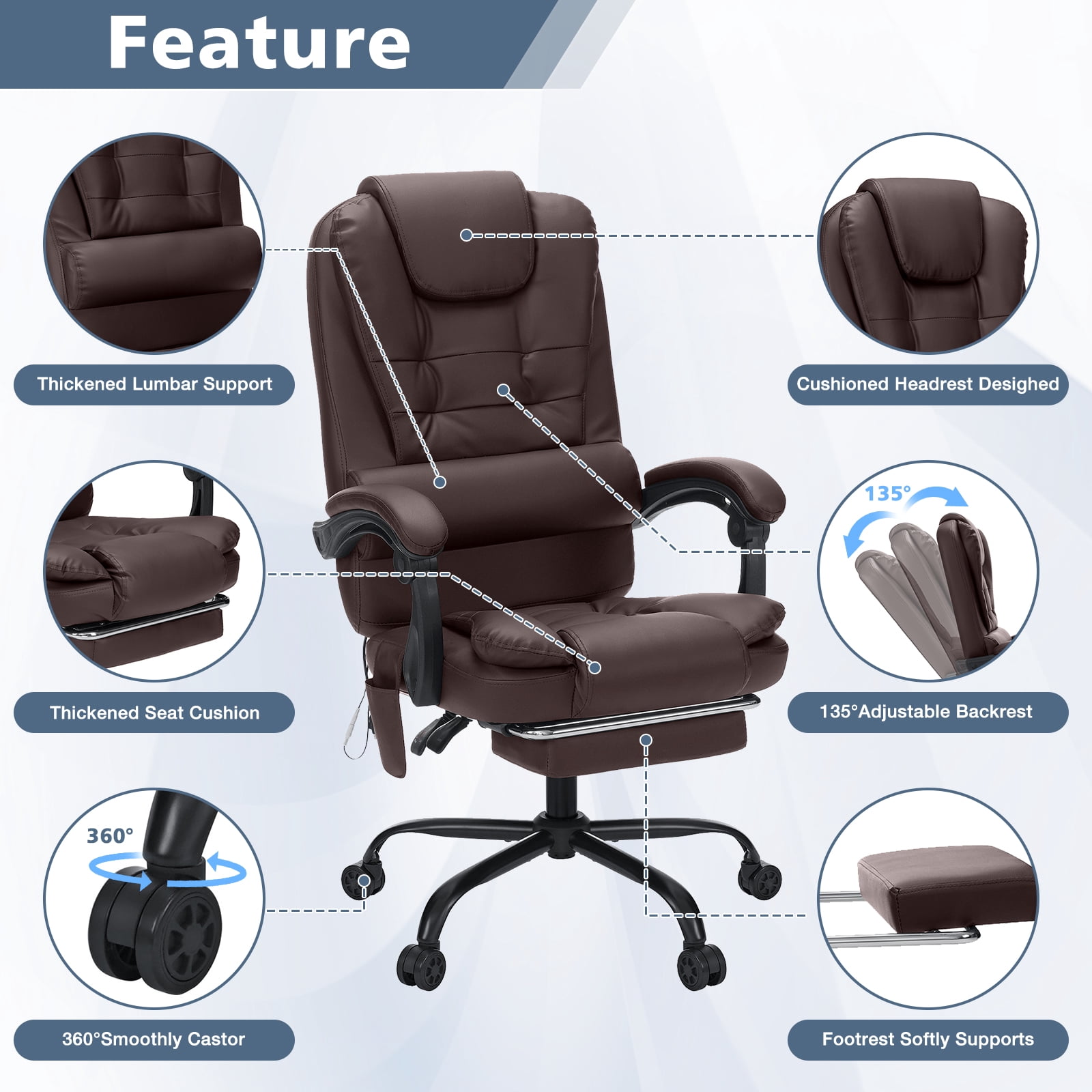 Hoffree Executive Office Chair Massage and Footrest Ergonomic Computer Desk Chair Reclining High Back Leather Office Chair Lumbar Back Support Swivel Rolling for Home Office Brown
