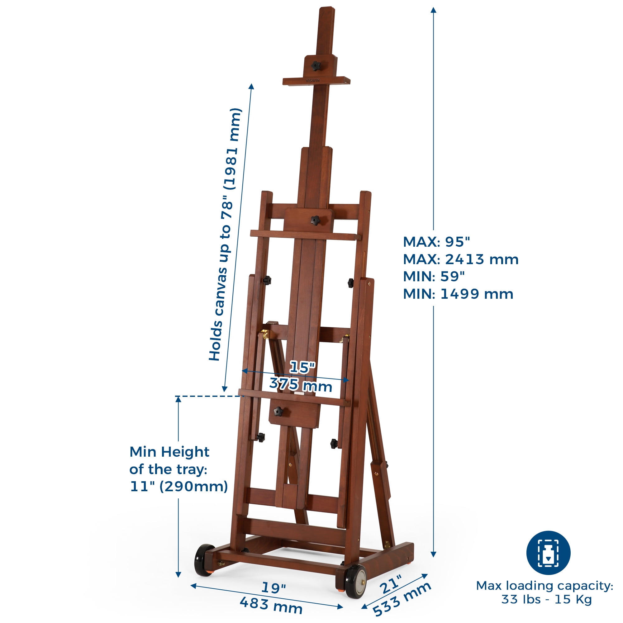 VISWIN Collapsible Wood H-Frame Easel, Hold 1 or 2 Canvas up to 78"-Walnut