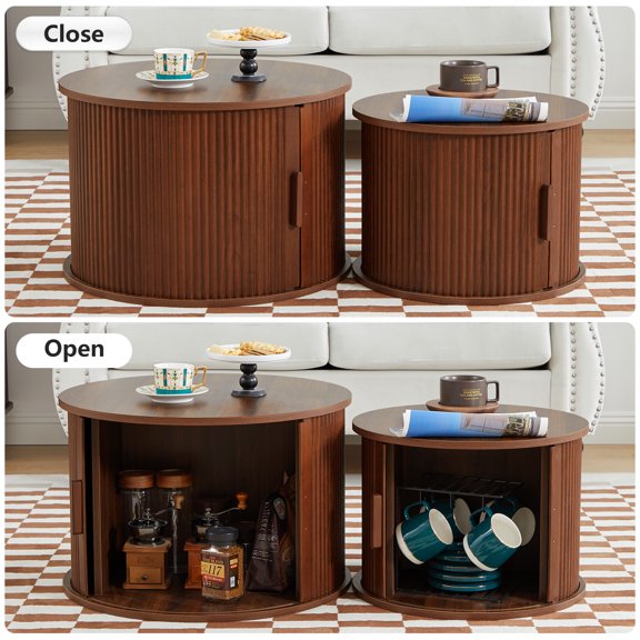 Wirrytor Round Nesting Coffee Tables Set of 2 With storage, Mid Century Modern Fluted Circle Wooden Side Table with Sliding Door for Living Room (Walnut)