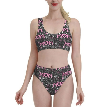 Bixox Lovely Mom Ever Pattern Two-Piece Sports Bikini with U-Shaped Top and High-Waist Bottom - Women s Swimwear with Removable Bra Pads