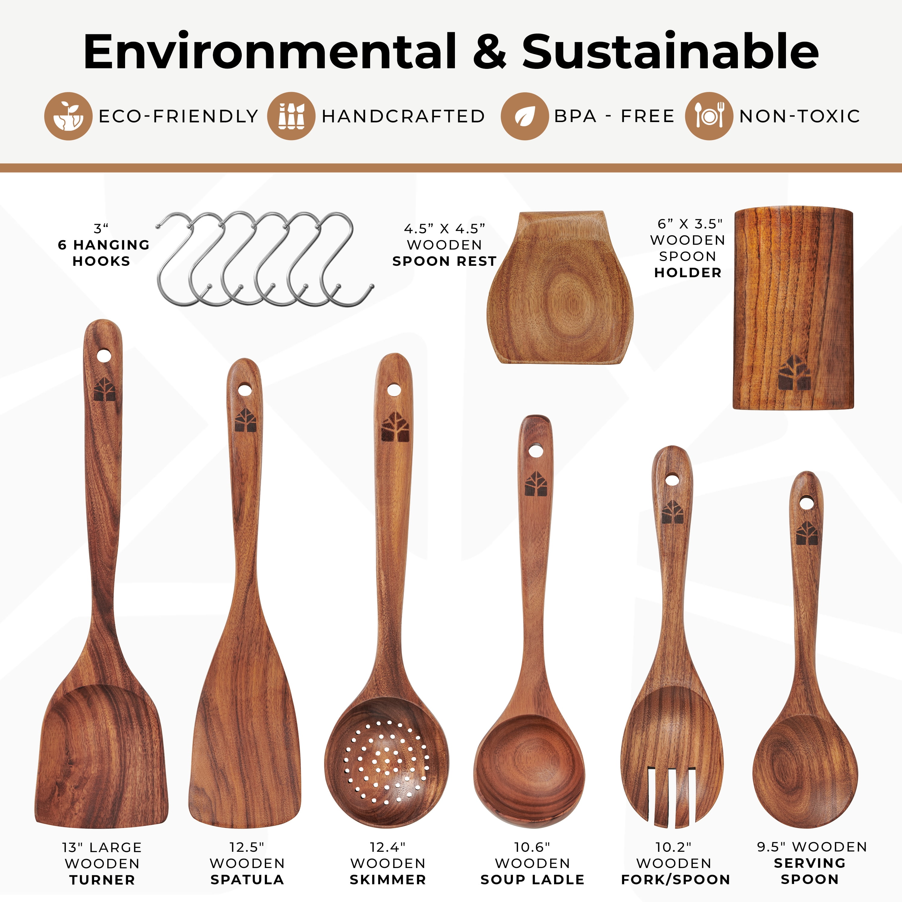 Wooden Utensils for Cooking, 8 piece Set with Holder, Perfect for Nonstick