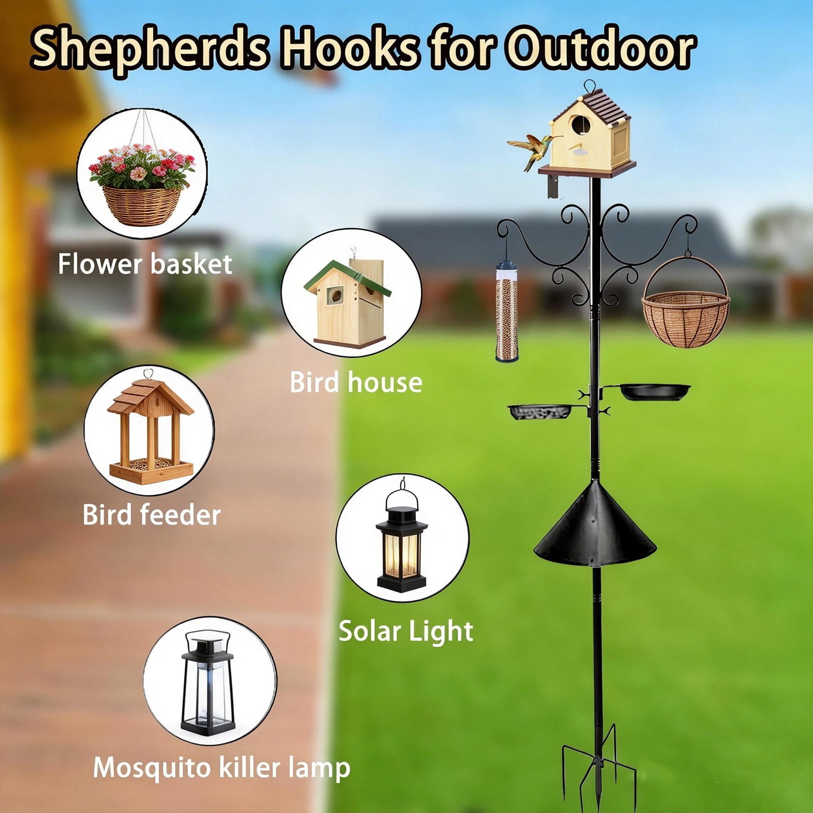 92 Inch Bird Feeder Pole Squirrel Proof, Heavy Duty Bird House Pole, Adjustable Bird Feeder Stand with 8 Shepherds Hooks, 2 Mental Trays