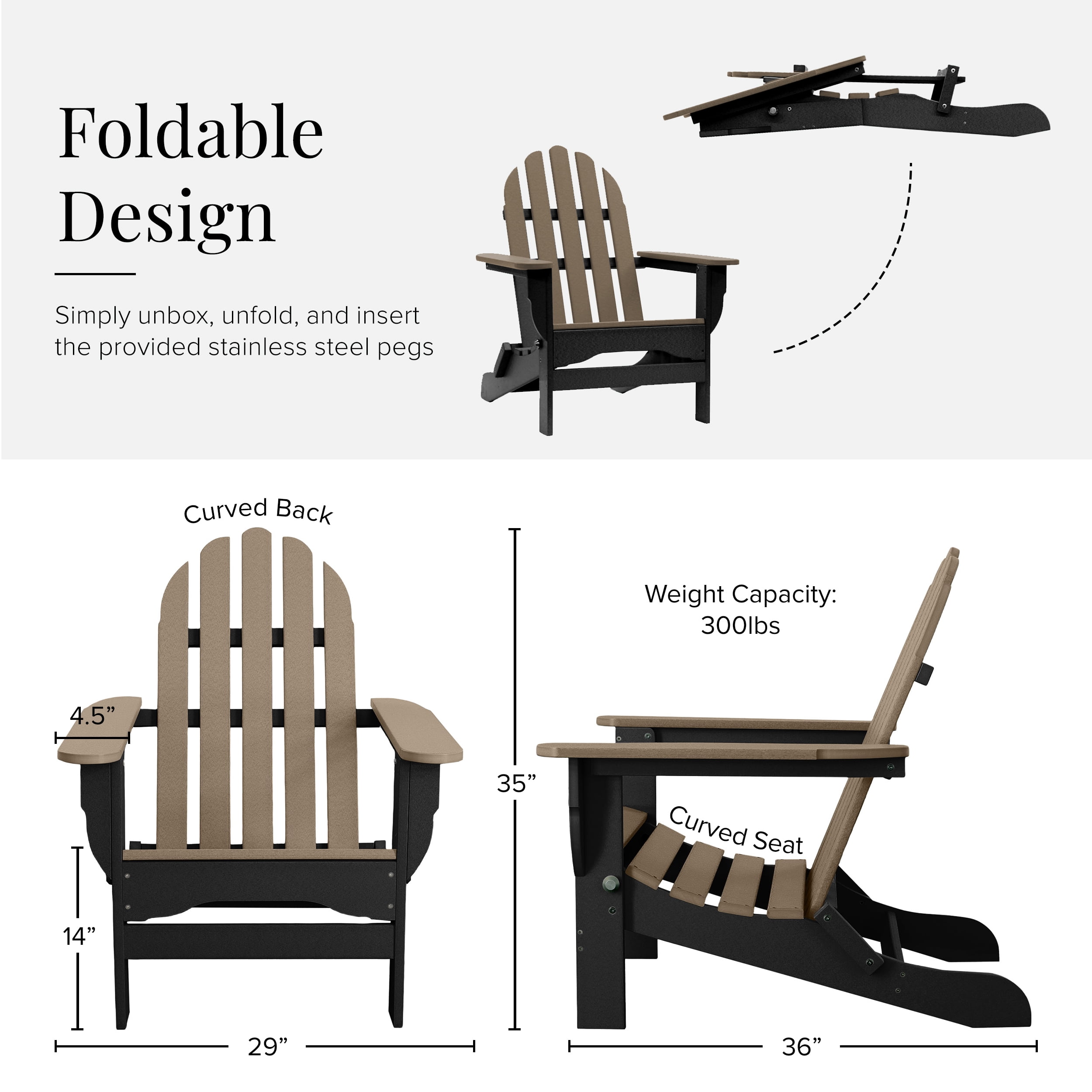 DuroGreen Folding Adirondack Chairs Made With All-Weather Tangent Lumber, Set of 4, Oversized, High End Patio Furniture for Porch, Lawn, Deck, or Fire Pit, No Maintenance, , Black Weather Wood